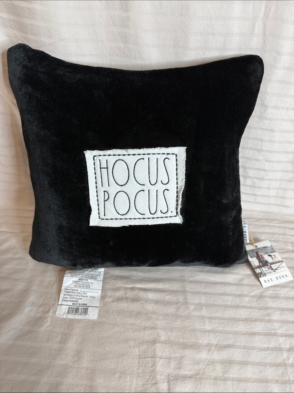Rae Dunn Black Plush Pillow with White HOCUS POCUS Patch